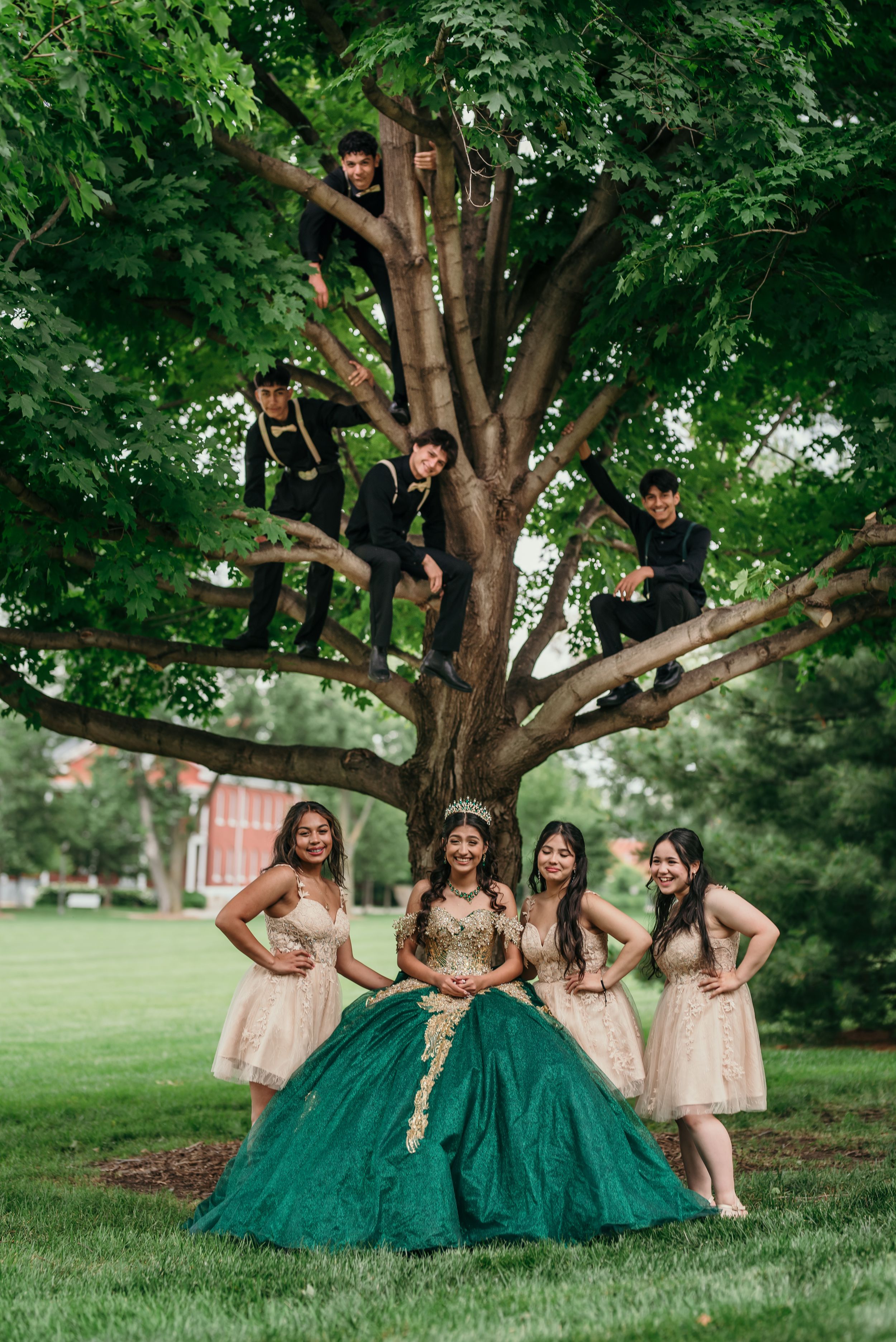 A festive quinceañera celebration with friends posing in a tree wearing green and pink formal attire.