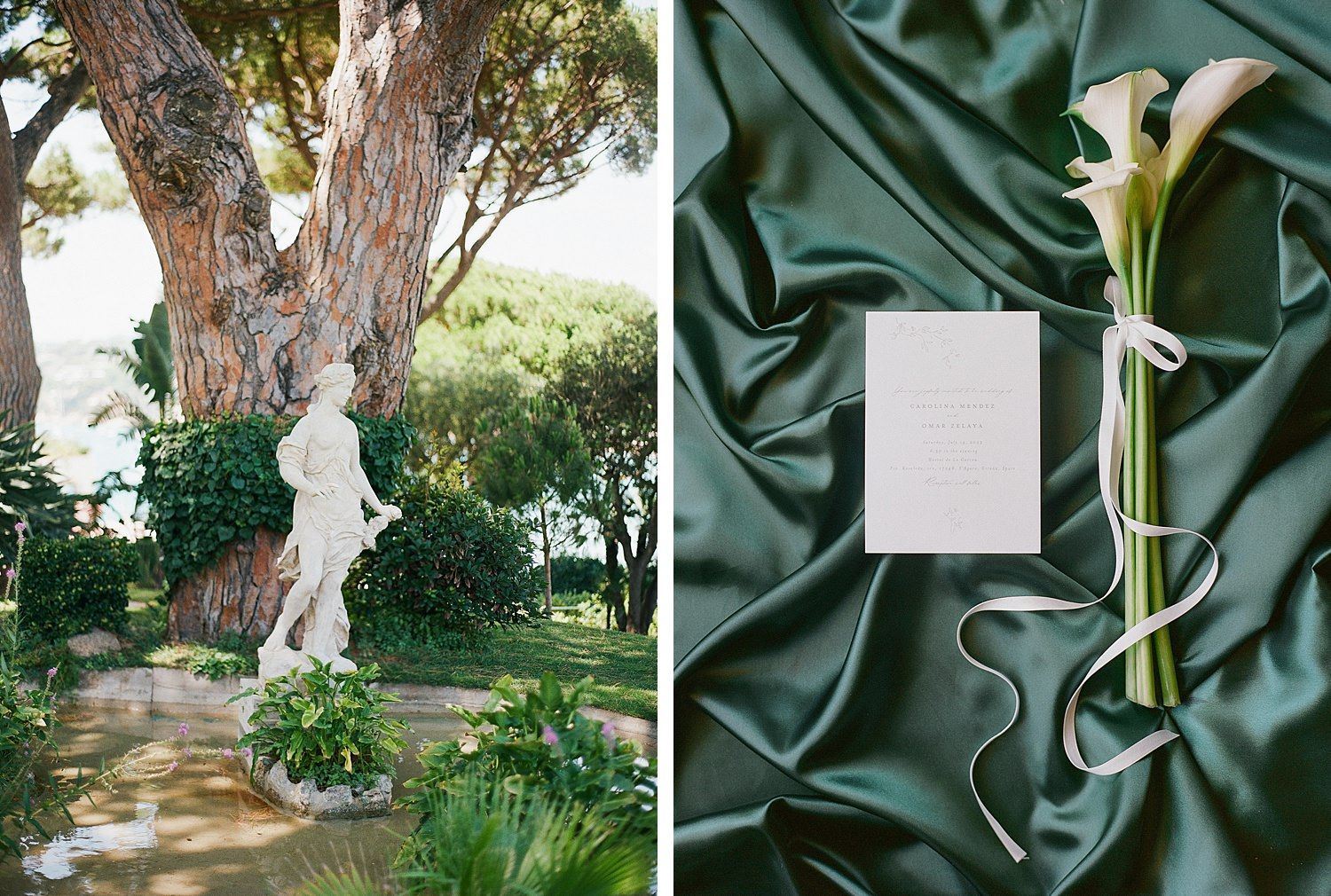 A serene garden setting with white marble statues and lush greenery creates a peaceful outdoor atmosphere.