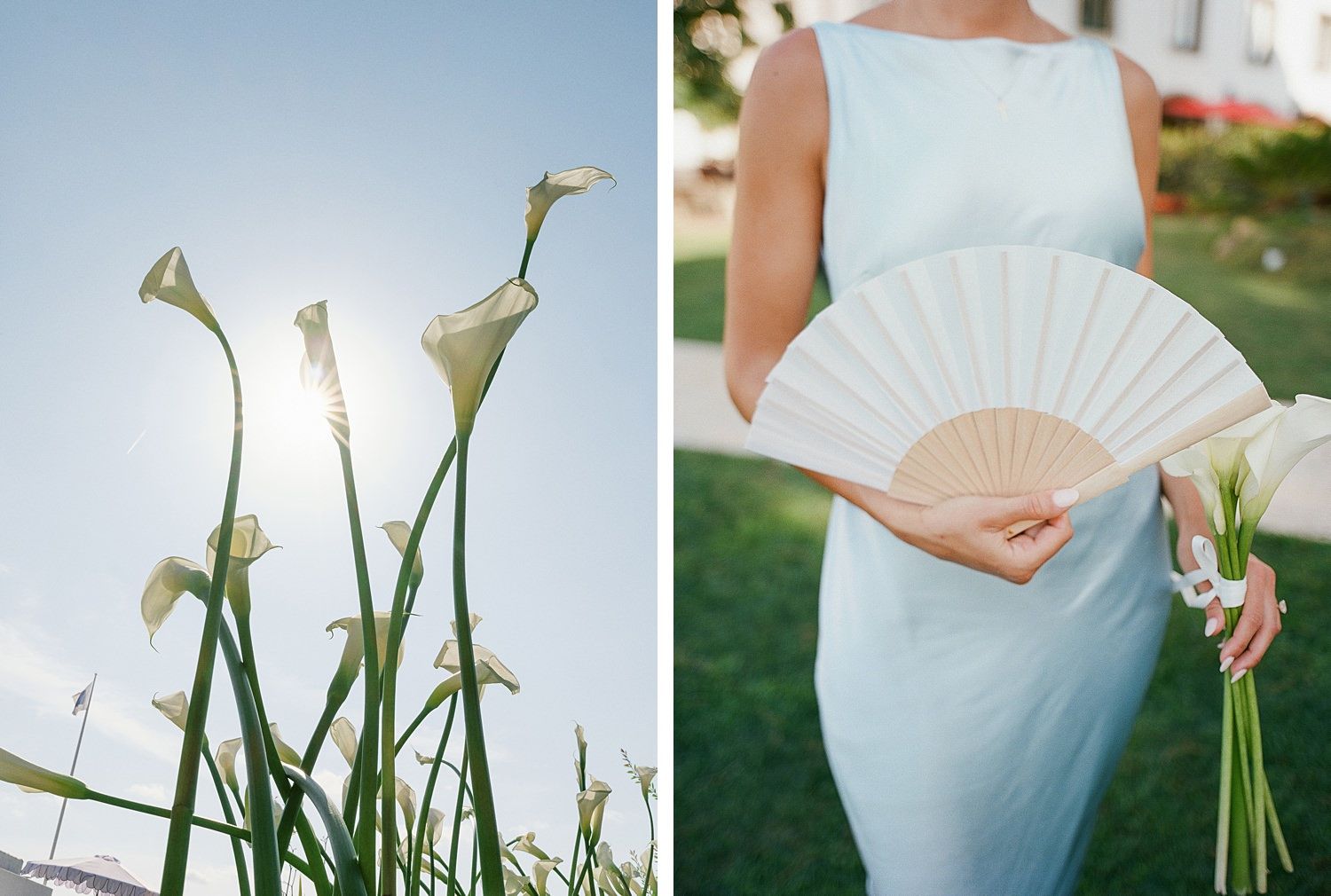 A soft blue and white wedding photo collage featuring floral details, dresses, and decorative elements.