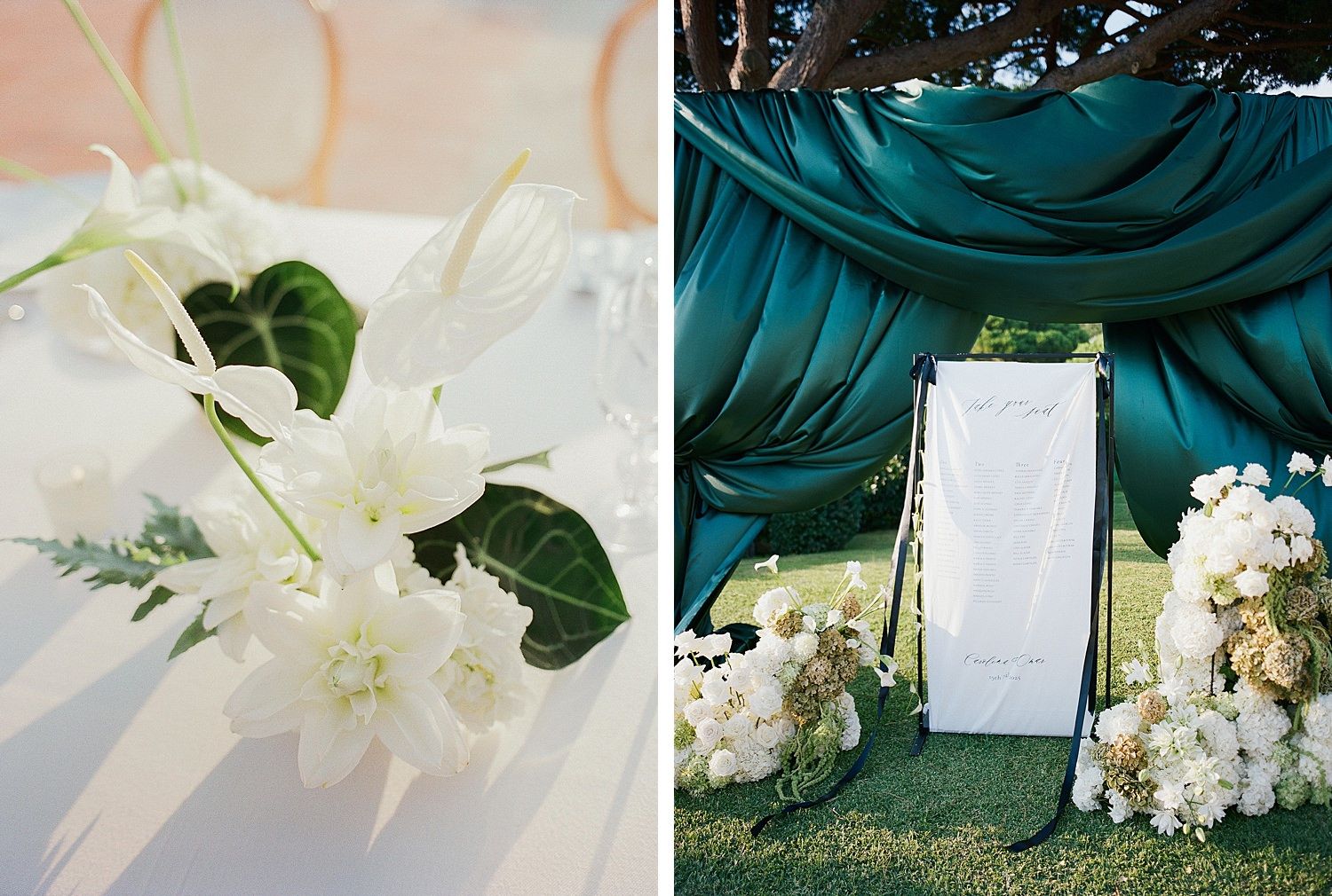 White floral wedding decorations and details arranged in a romantic outdoor garden setting with teal accents.