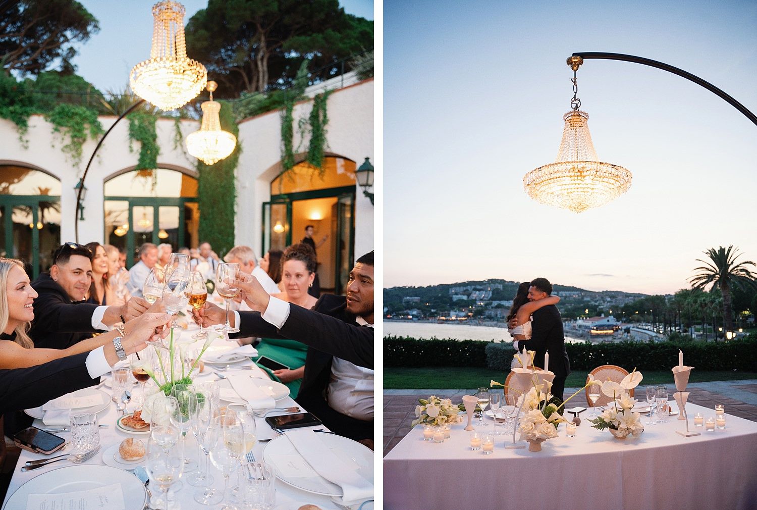 Crystal chandeliers and elegant table settings create a romantic ambiance at an outdoor evening reception.