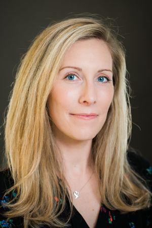Close-up headshot series showing blonde hair and natural expressions against dark background.