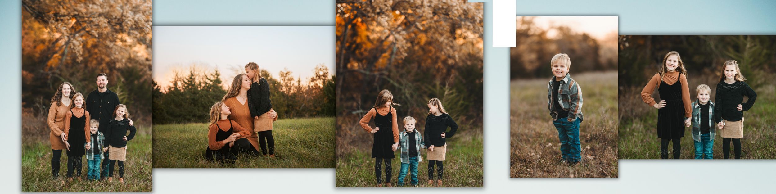 A series of outdoor family photo session snapshots arranged in a filmstrip-style collage at sunset.