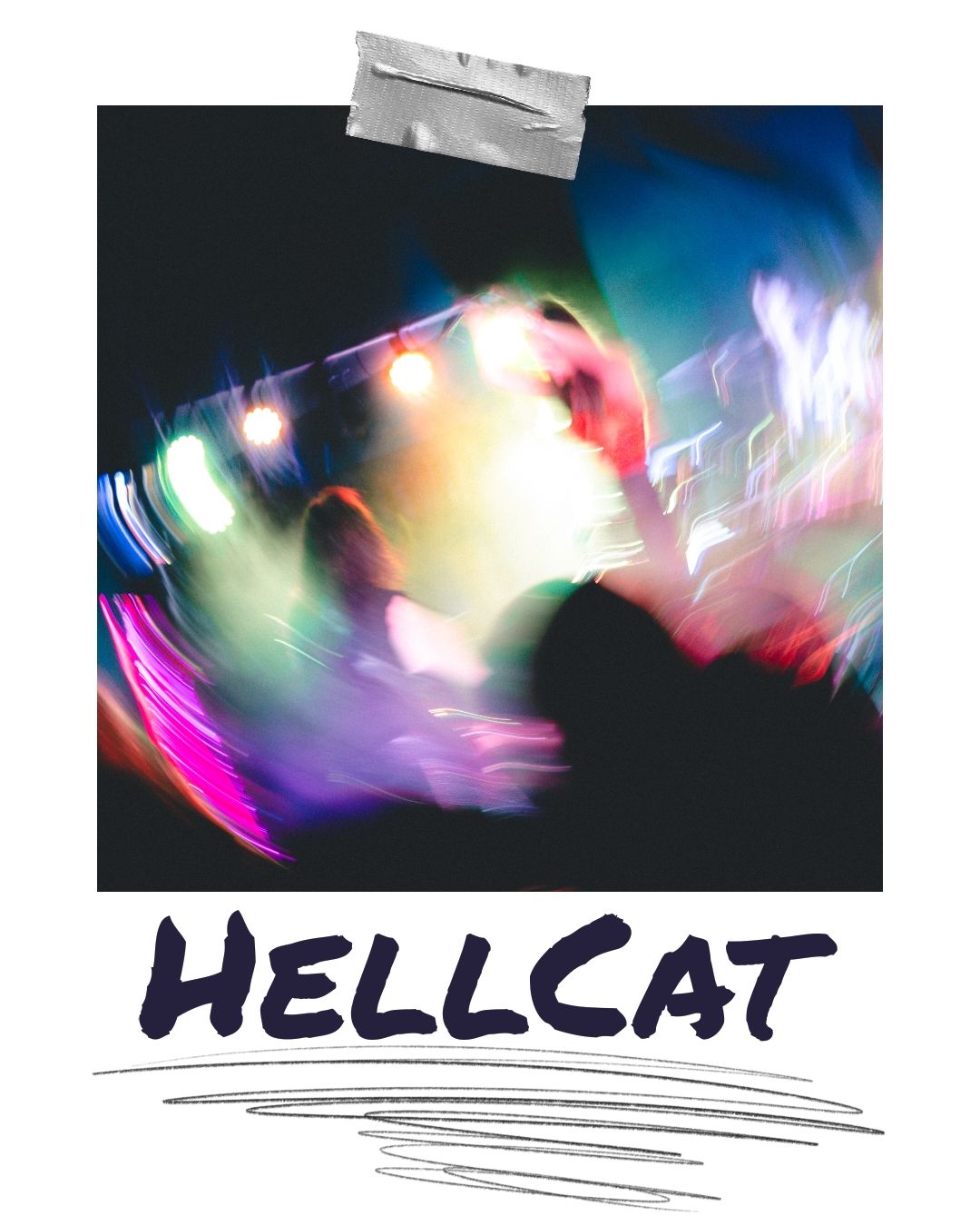 Abstract colorful light trails spelling out 'Hellcat' against dark background.