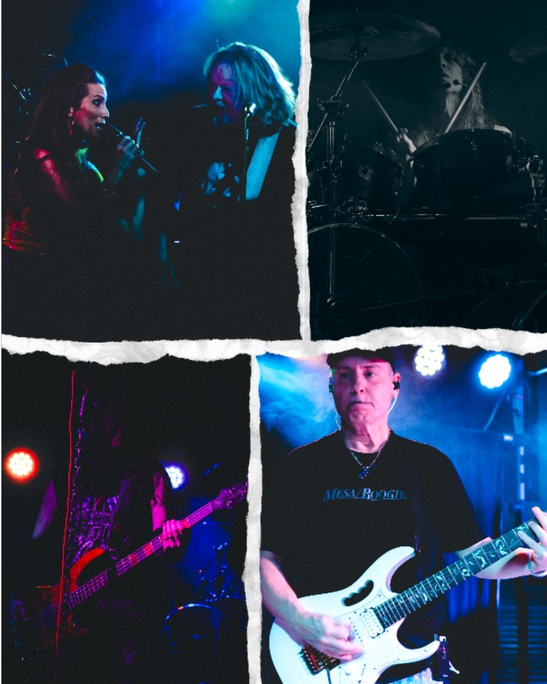 Concert performance with blue stage lighting and musicians playing guitars.