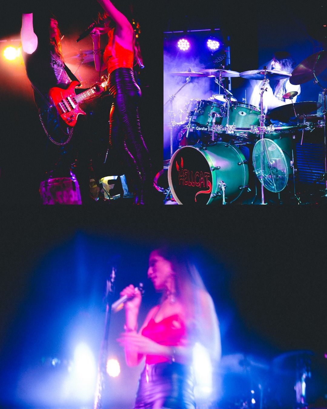 Concert collage showing guitar, drums and stage lighting in vibrant blue and pink hues.