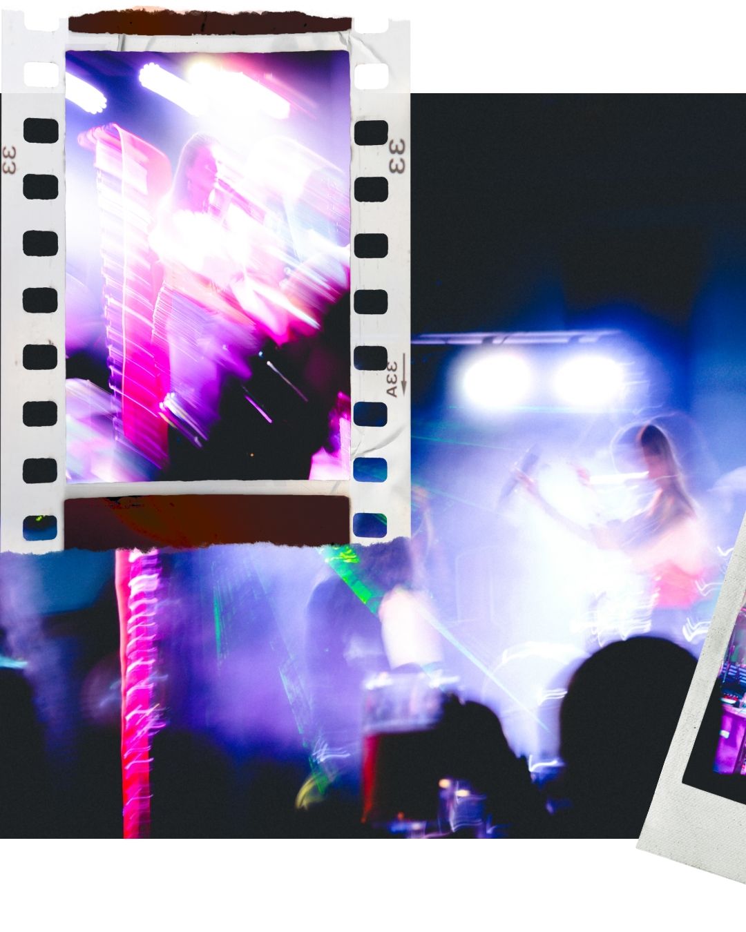 Abstract concert photography with film strip edges showing purple and blue stage lighting effects.