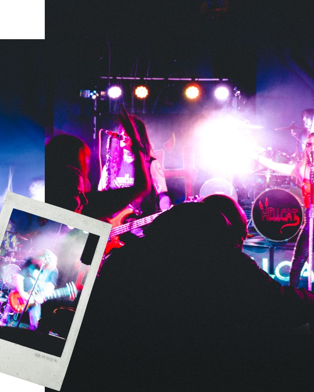 Live music performance with dramatic stage lighting and polaroid overlay effect.