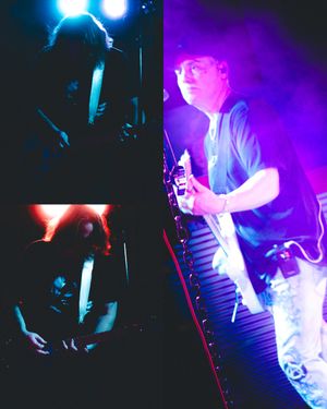 Artistic concert photography triptych with dramatic blue and purple lighting effects.