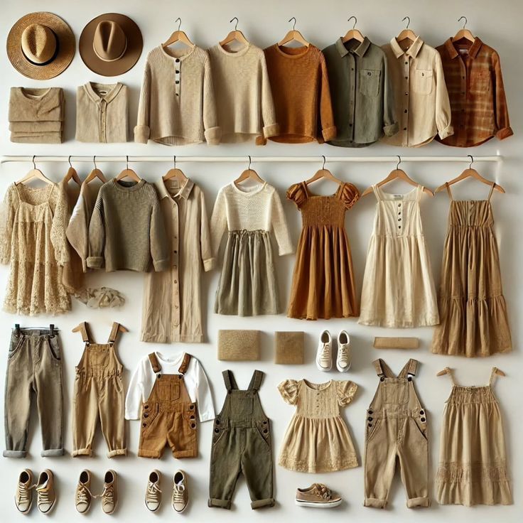 Neutral earth-toned clothing collection featuring dresses, overalls, shirts and shoes arranged neatly on wall-mounted racks.