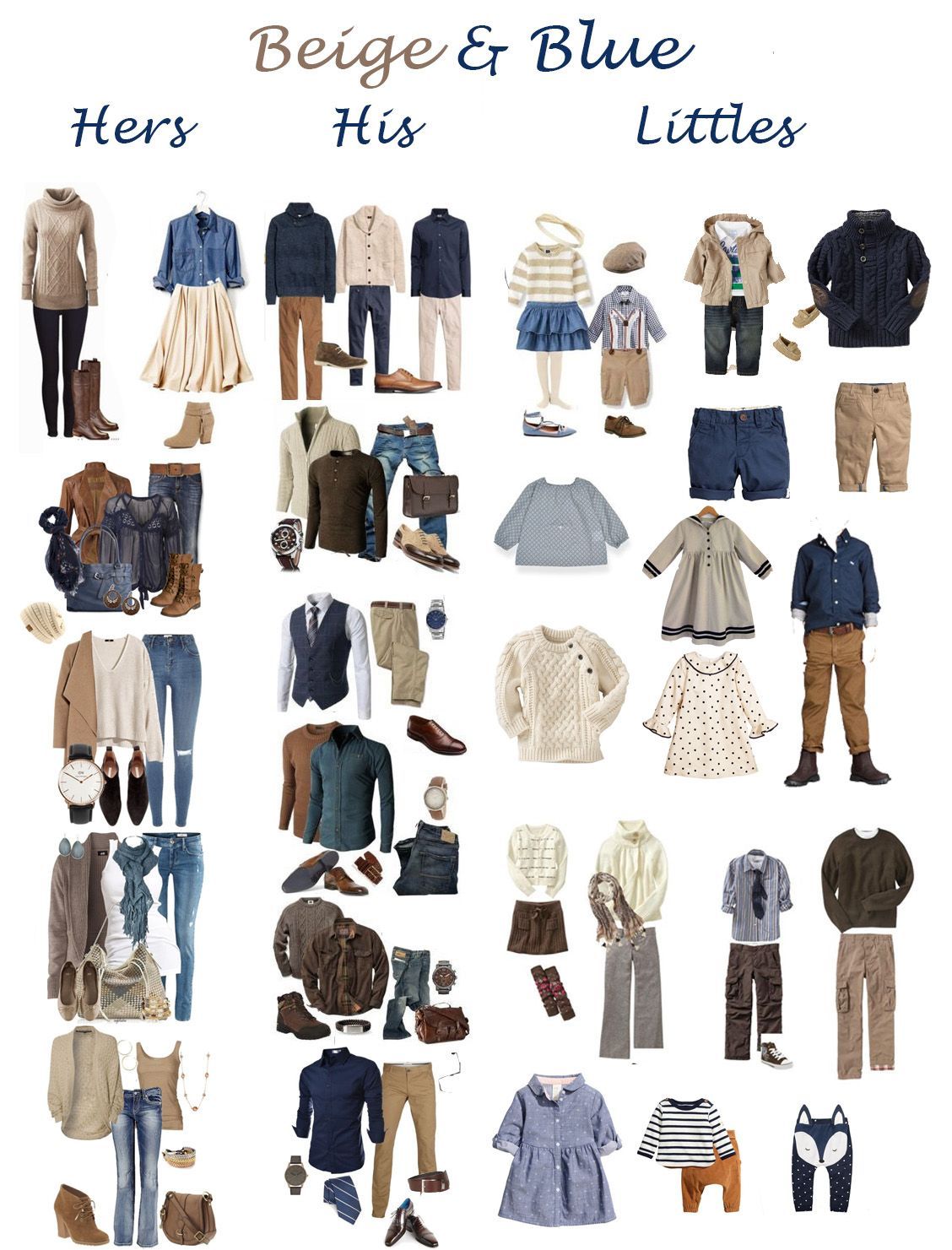A coordinated family wardrobe collection in beige and blue tones showing clothing combinations for parents and children.