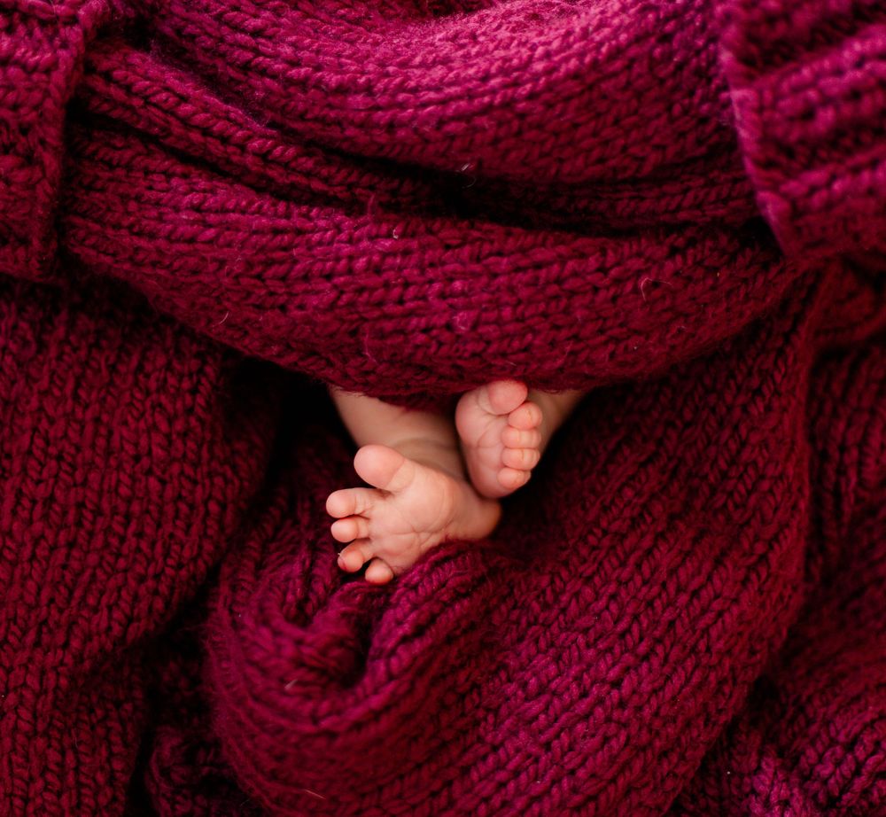 Baby feet nestled in deep burgundy knit blanket.