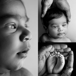 Black and white newborn photo collage showing baby close-up, hands cradling head, and tiny feet held in adult hands.