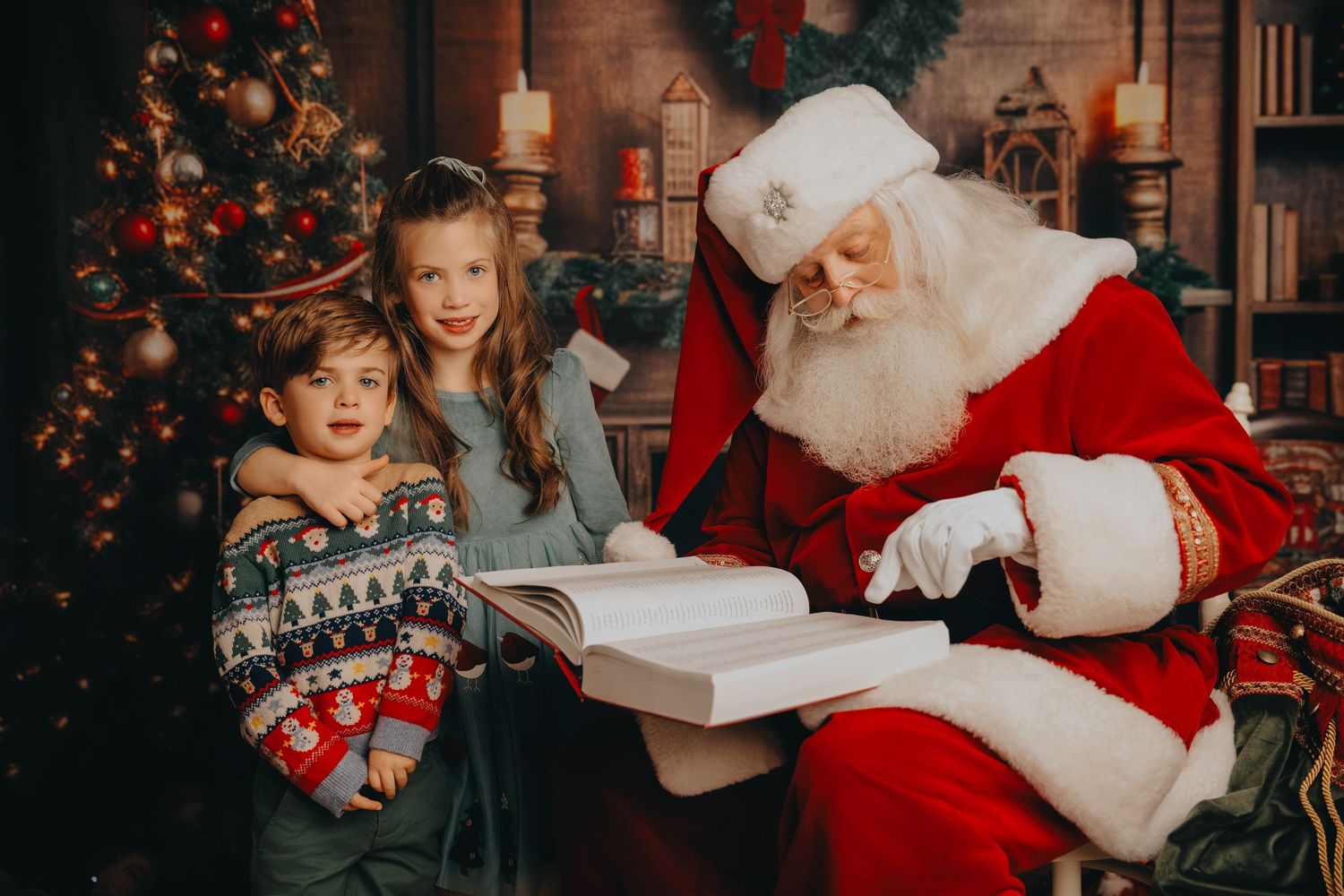 A magical Christmas scene with Santa Claus sitting in a cozy room decorated with twinkling lights and festive decorations.