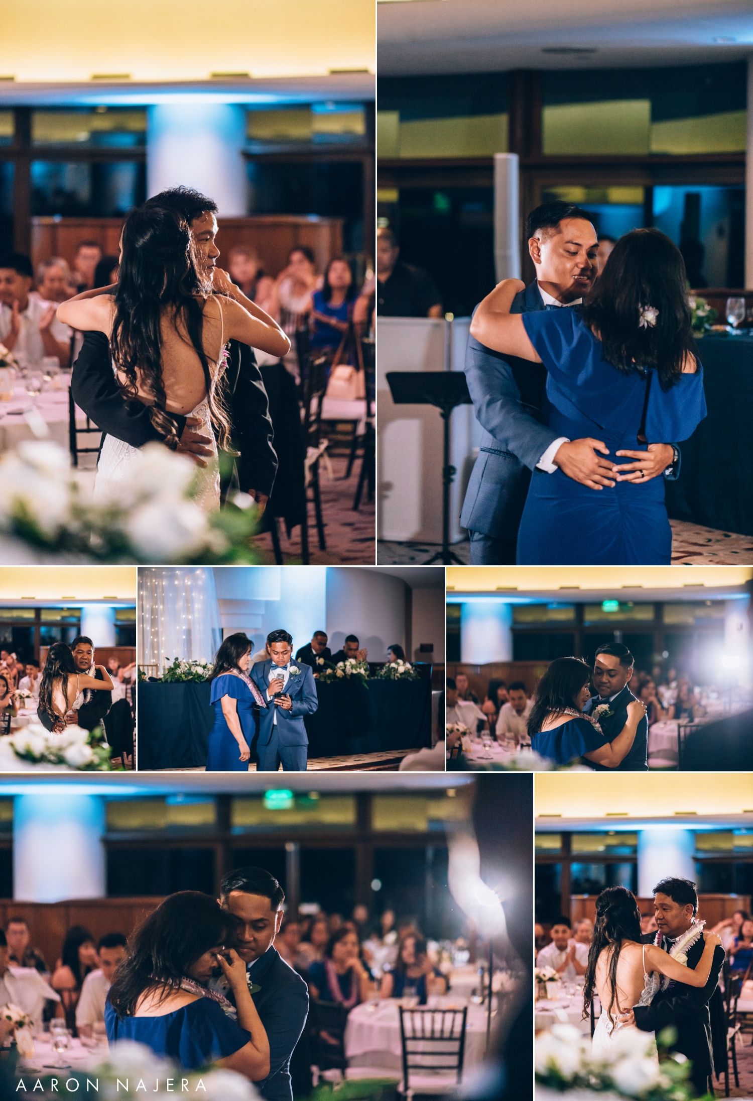 Collage of candid wedding reception moments showing guests dancing and celebrating.