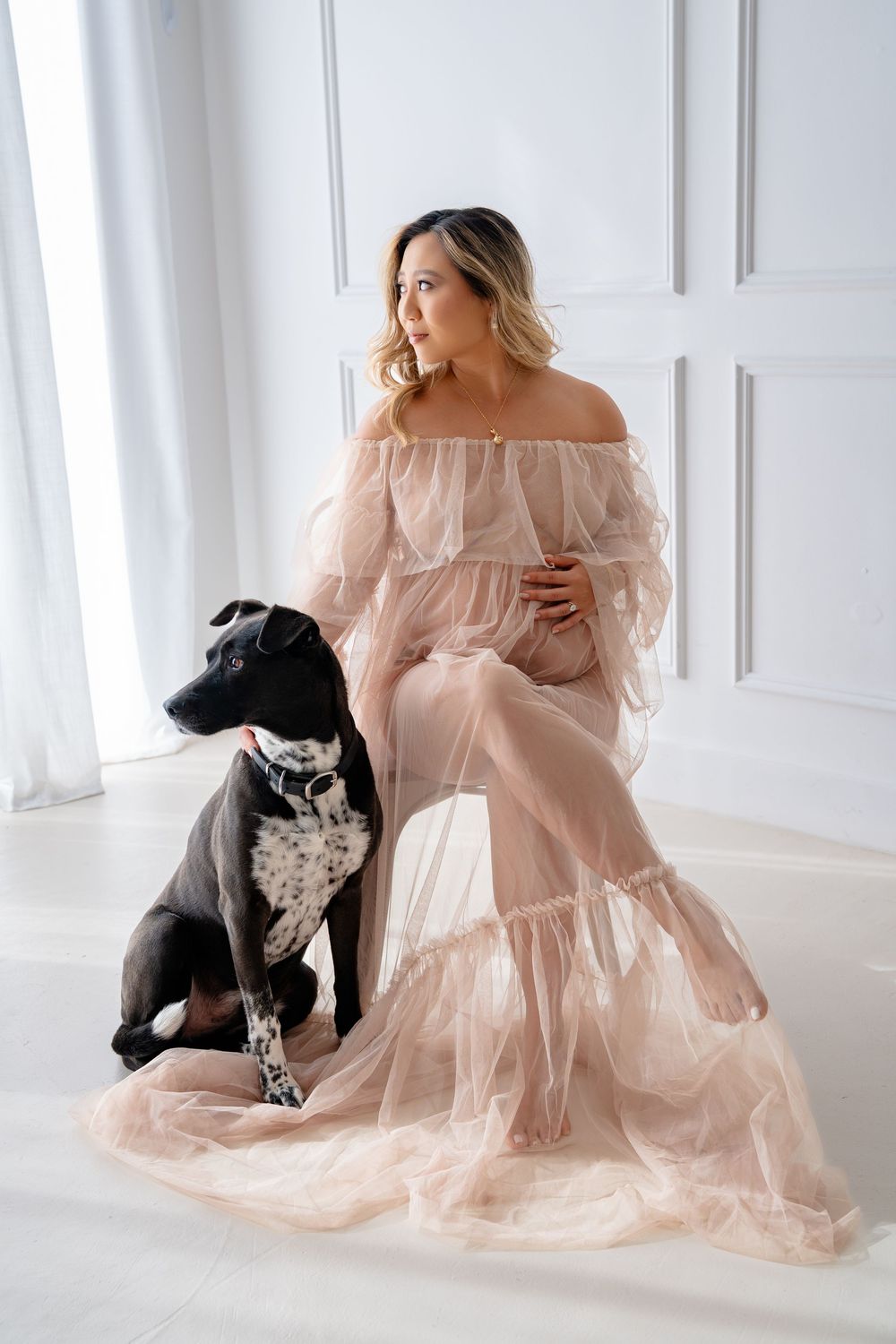 A person in a flowing blush pink tulle gown poses with a black and white dog in a bright white studio setting.
