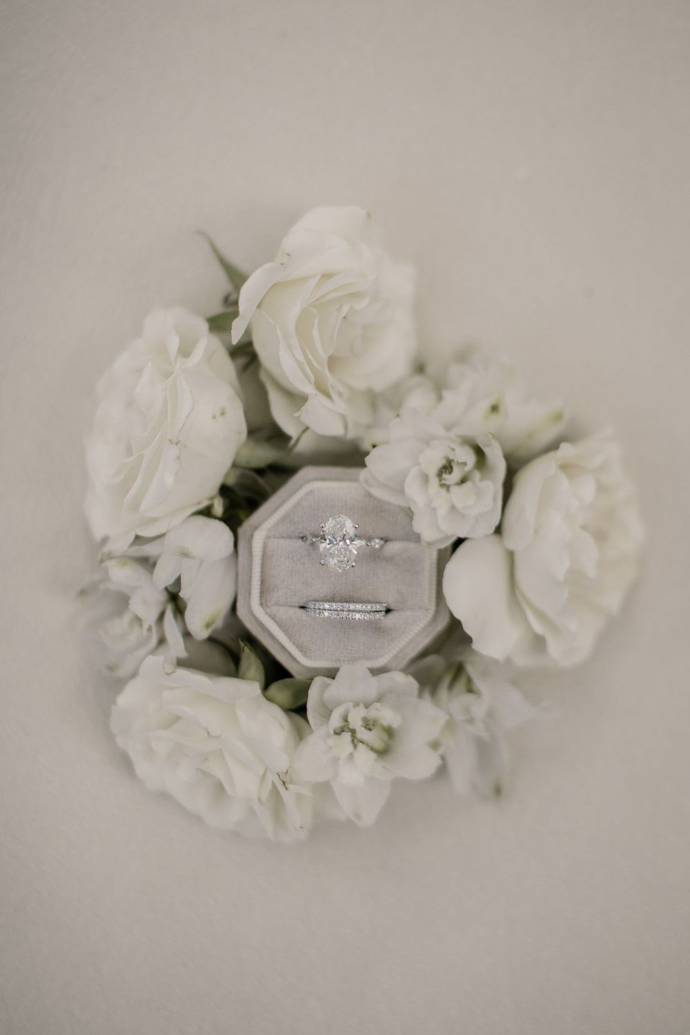 Diamond engagement rings displayed on delicate white flowers against a light gray background.