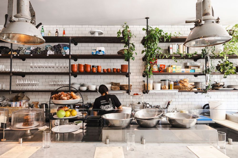 Industrial kitchen interior with open metal shelving displaying cookware, dishes and plants against white walls.