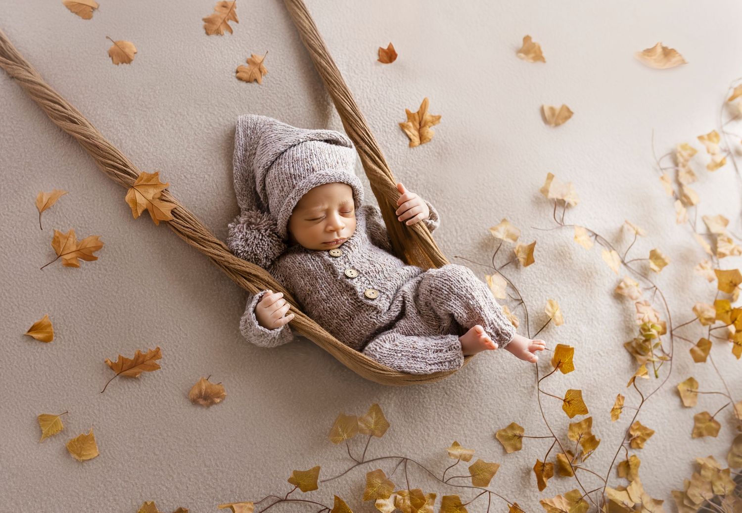 Fotografia de newborn tomada a un angulo con decoracion de otono y bebe sentado en un columpio