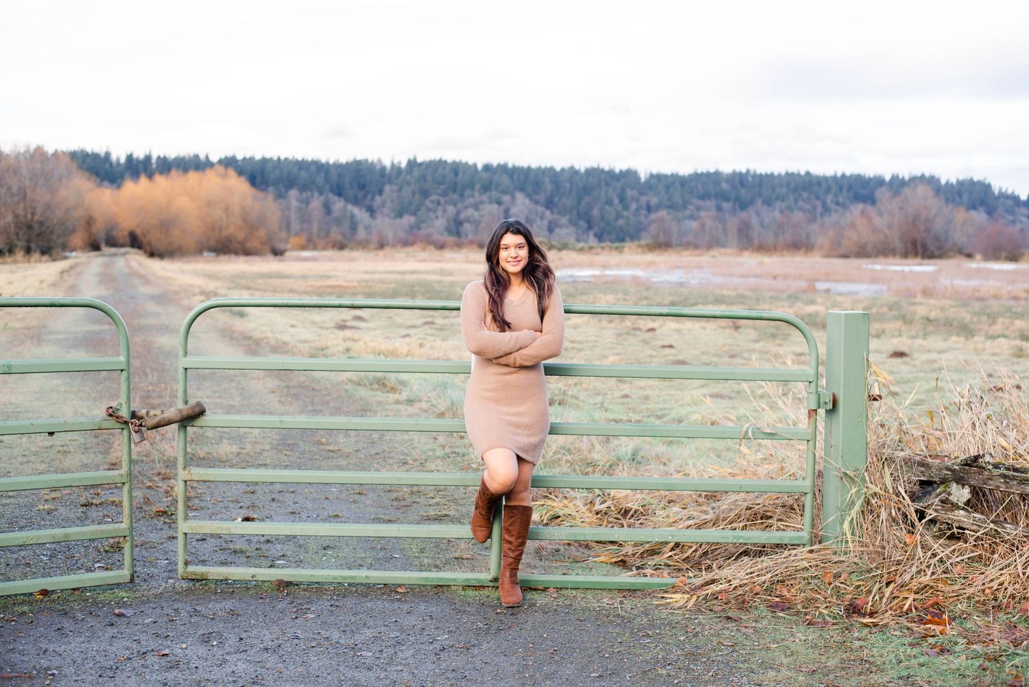 A panoramic sequence of someone walking along a wooden fence in a rural autumn landscape at sunset.