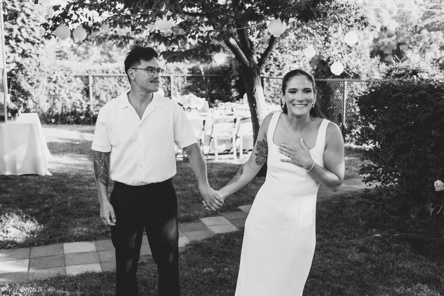 A series of vintage black and white wedding photographs showing couples celebrating their special day outdoors.