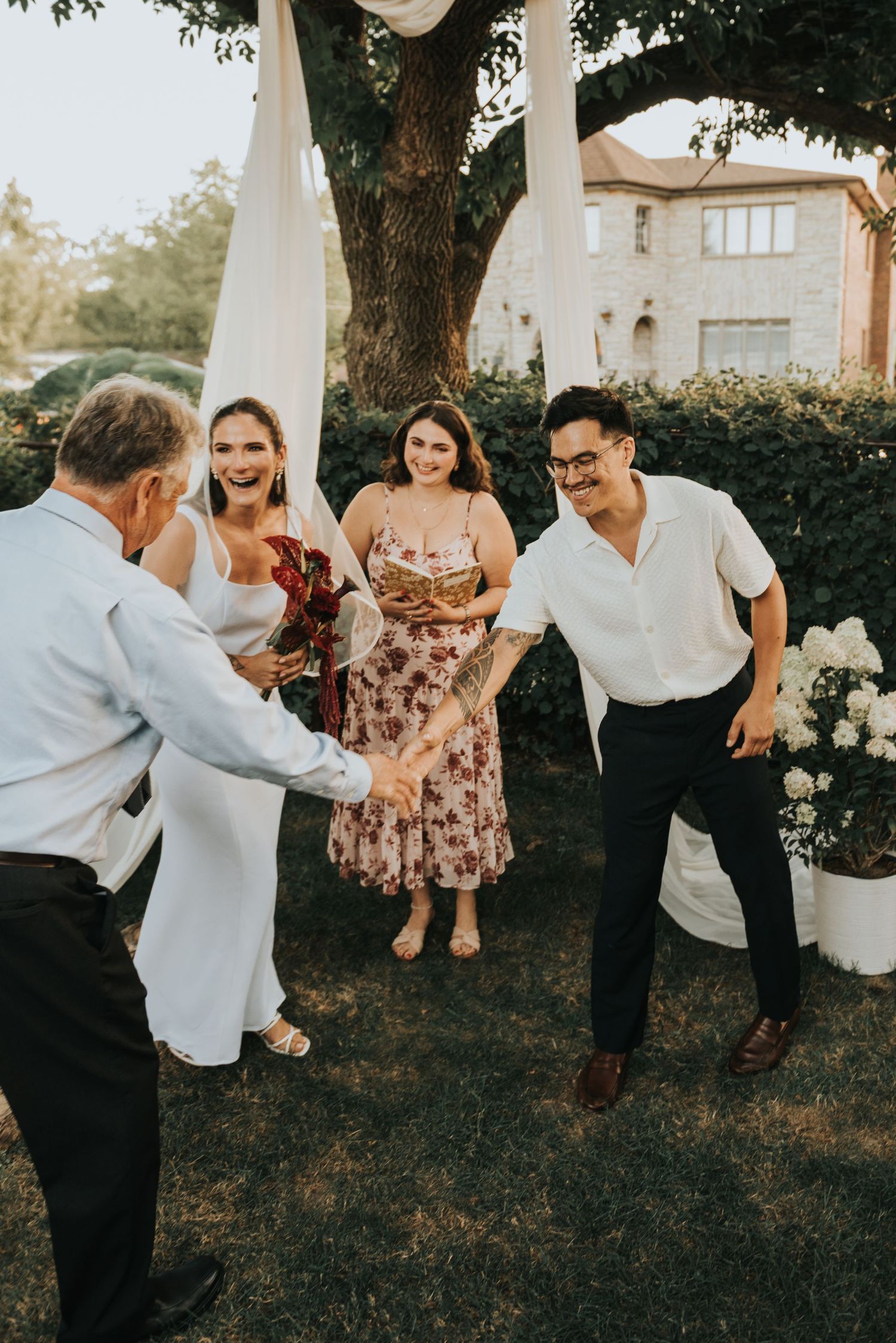 A sequence of candid outdoor dancing photos showing people enjoying themselves at a backyard gathering.