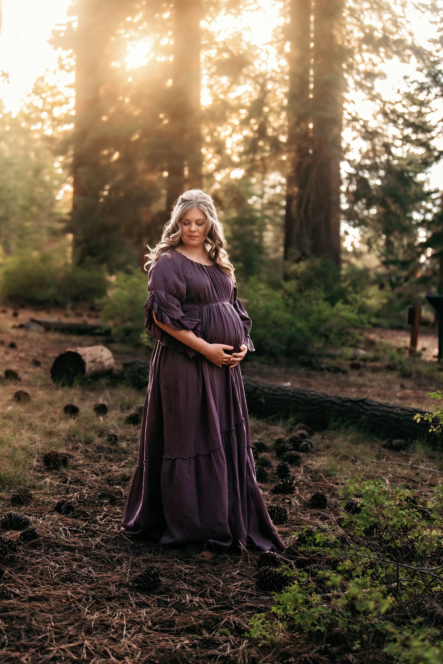 A figure in a flowing purple dress stands in a misty forest at sunset, creating a dreamy ethereal atmosphere.