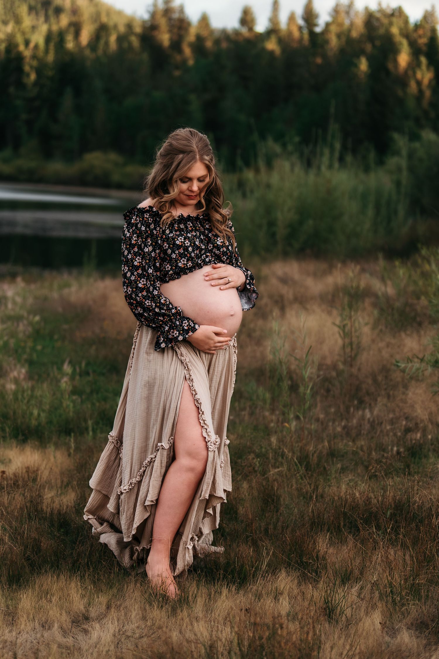 A series of artistic outdoor portraits showing a woman in a polka dot top and beige cardigan in a grassy field at sunset.