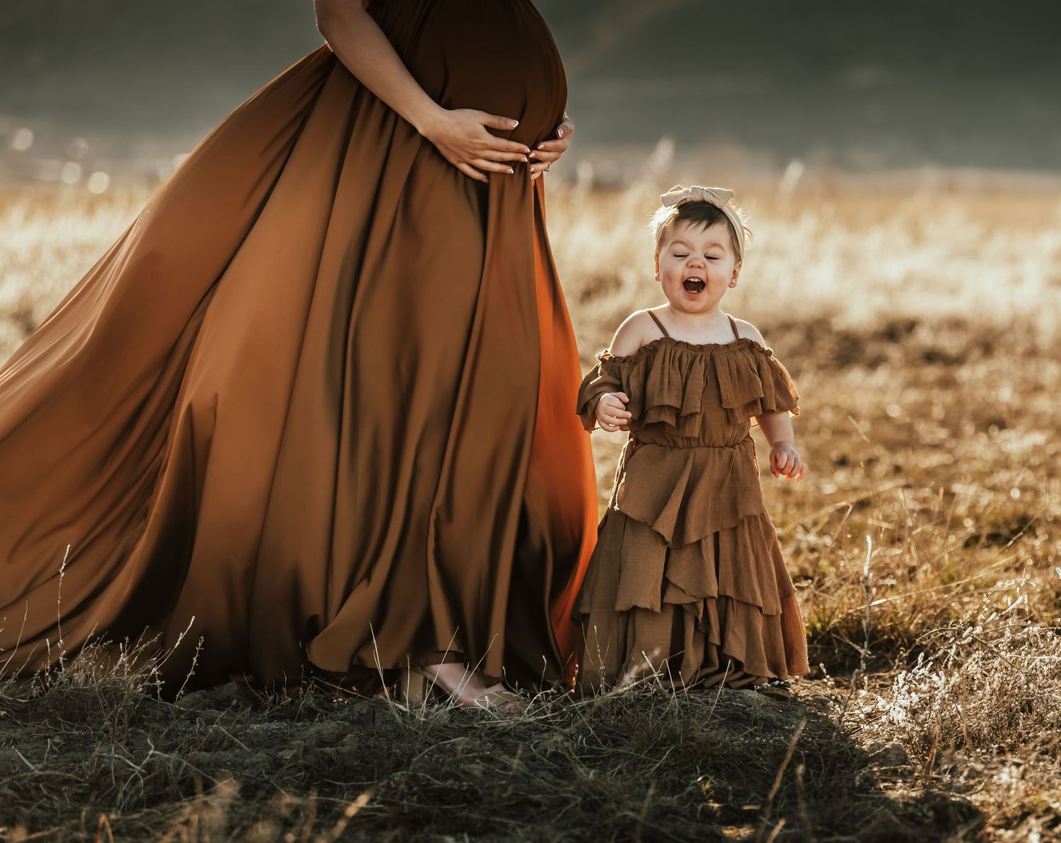 A dramatic maternity photo features coordinating rust-colored dresses against a sunset landscape.