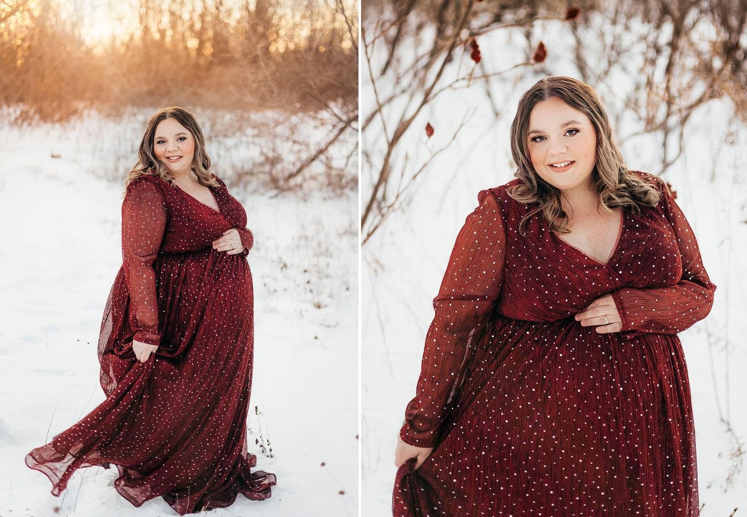 Winter maternity photoshoot featuring burgundy dress against snowy landscape.