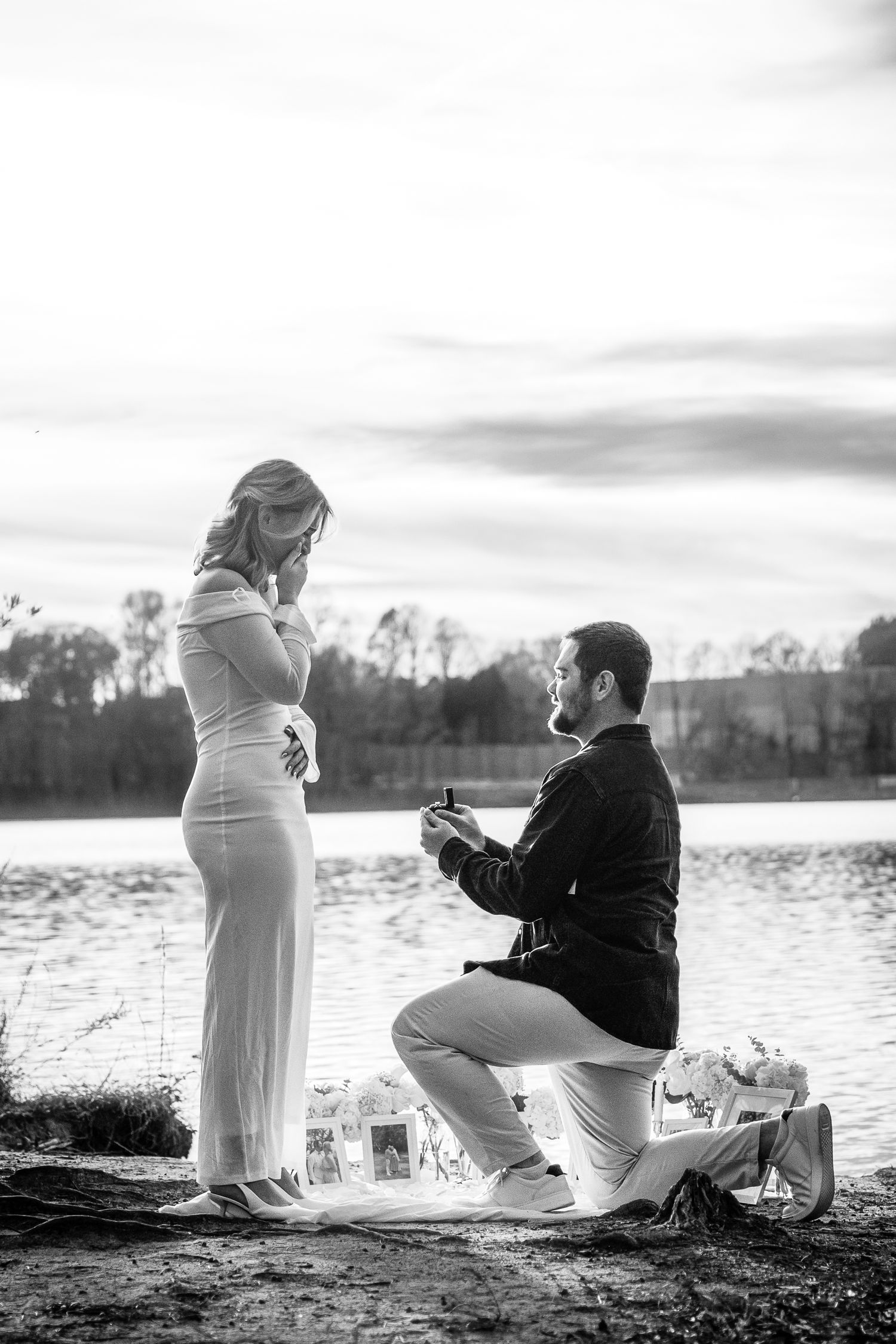 A romantic sunset proposal captured in a series of photos on a golden-lit lawn.