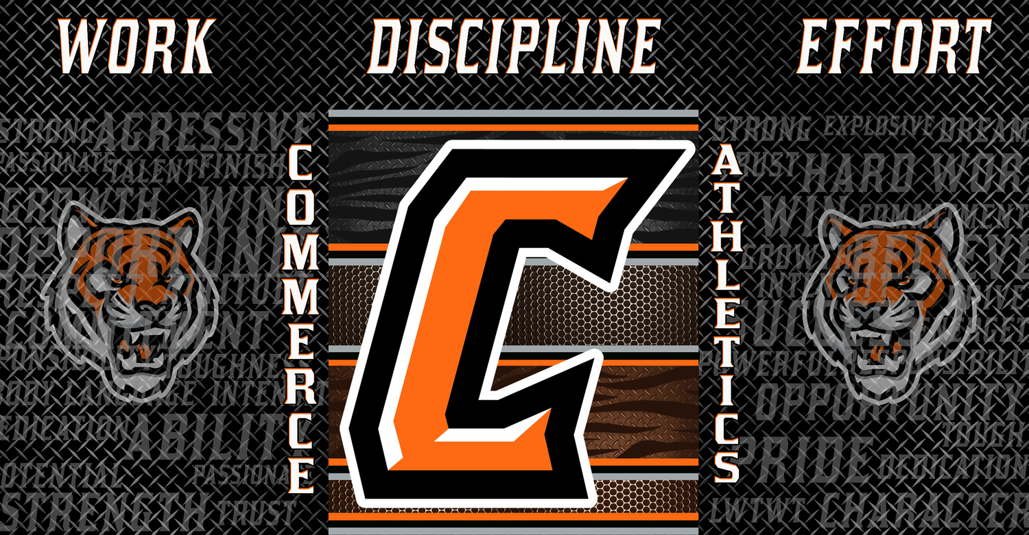 Commerce High School athletics logo featuring orange letter C and tiger mascots on black textured background.