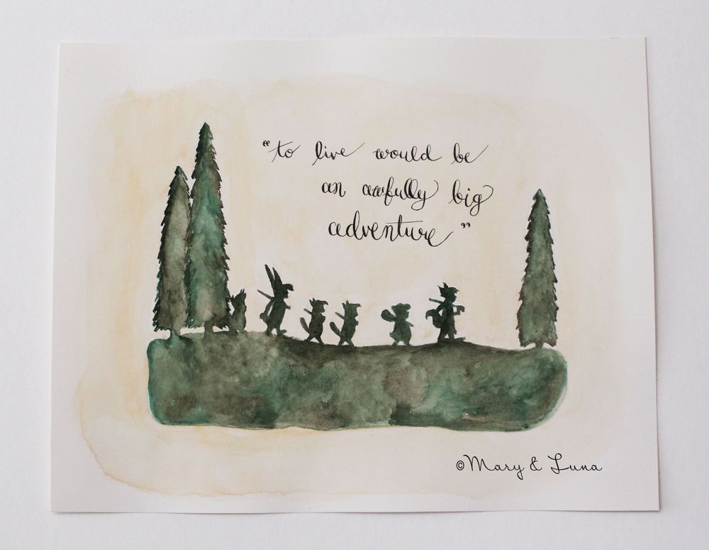 watercolor painting of silhouette of Peter Pan's lost boys among the trees. quote says "to live would be an awfully big adventure"