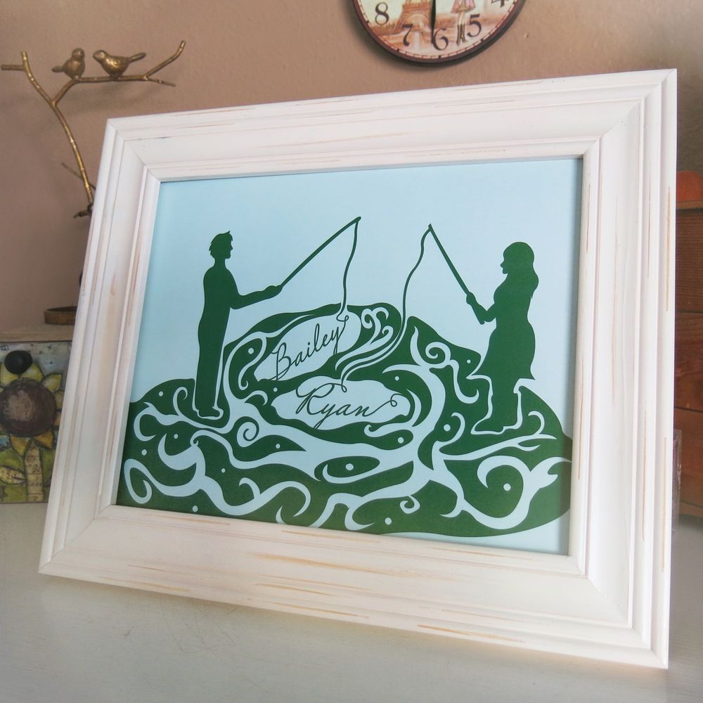 digital art of silhouette of two people fishing for each other's names in a pond