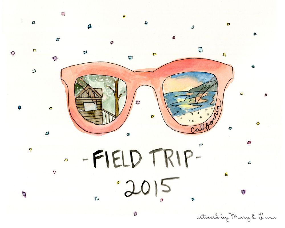 watercolor painting of orange sunglasses with a cabin painted in one lens and beach in the other, text says "Field Trip 2015"