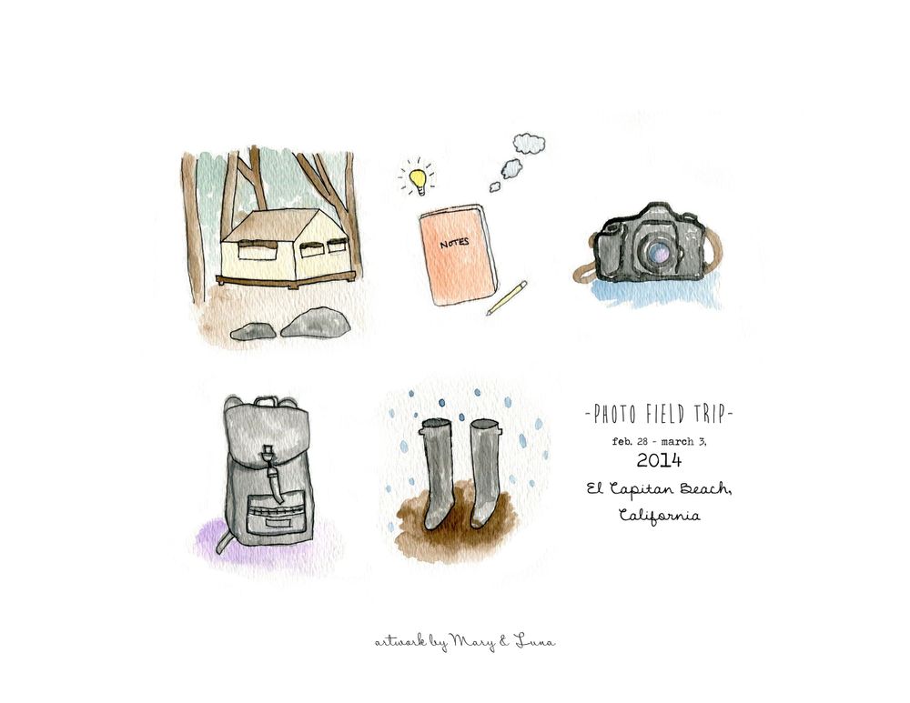 watercolor illustration of tent, notebook, camera, backpack, and rainboots, with the words "Photo Field Trip 2014, El Capitan Beach"