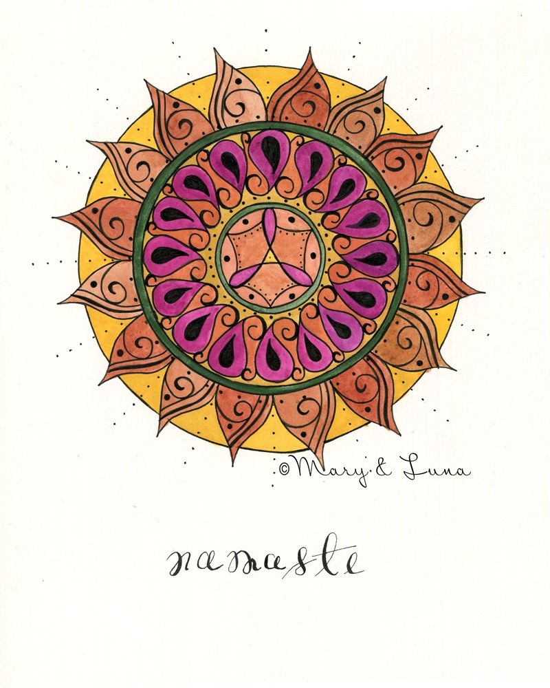 watercolor mandala with the word "namaste" under it