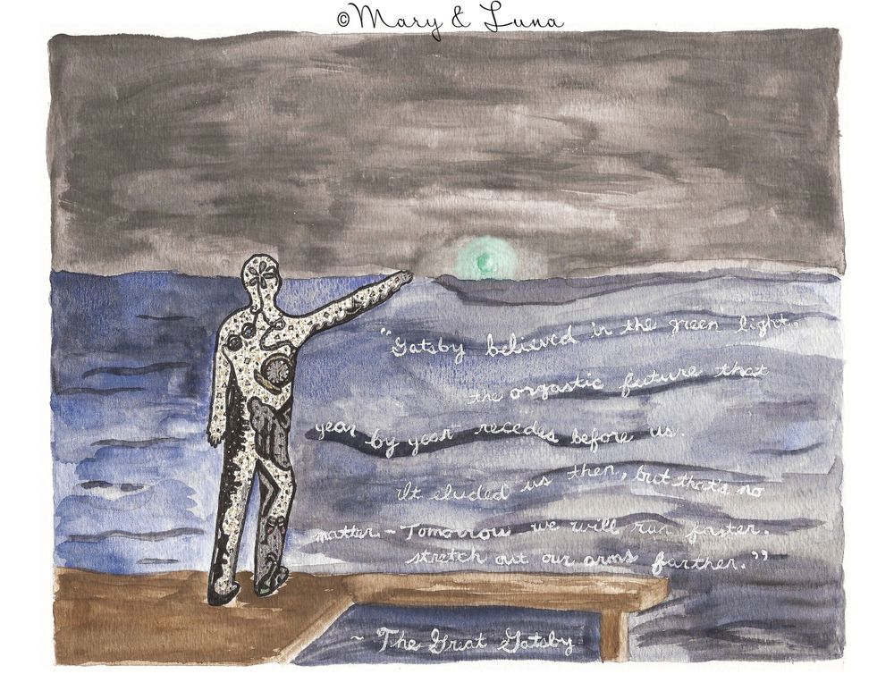 watercolor painting of Gatsby reaching for green light over the ocean horizon. long painted quote is in the waves.