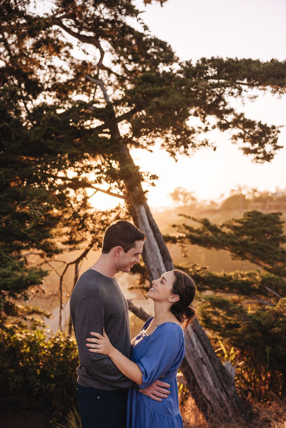 A couple embraces during golden sunset beneath towering pine trees on a coastal hillside.