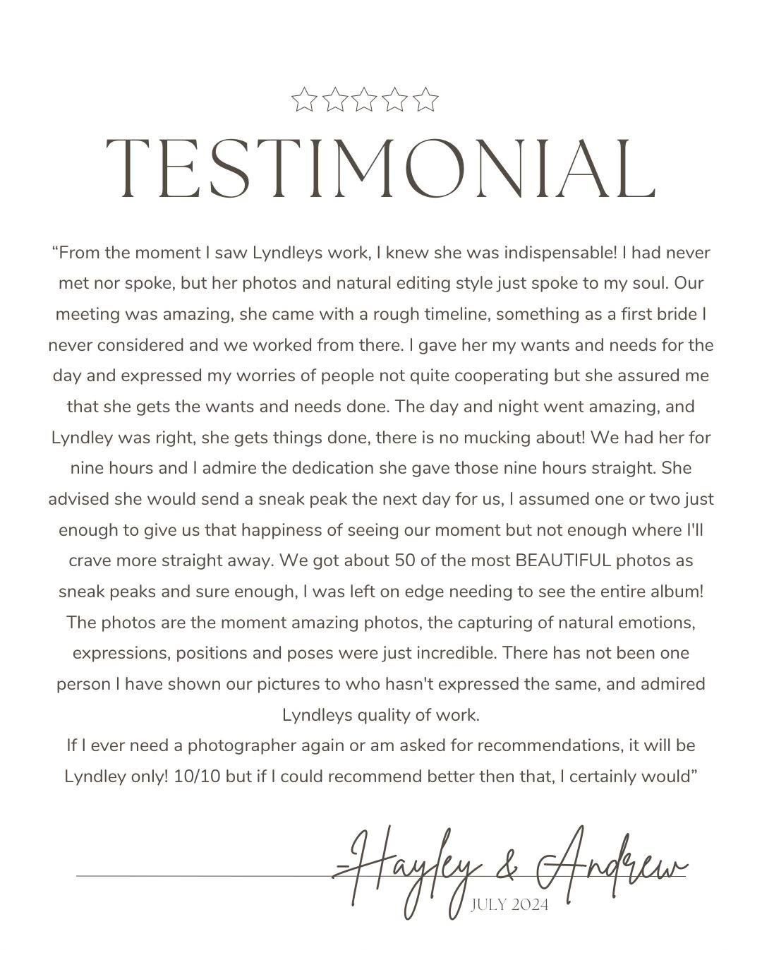 Wedding photography review testimonial with five star rating format.