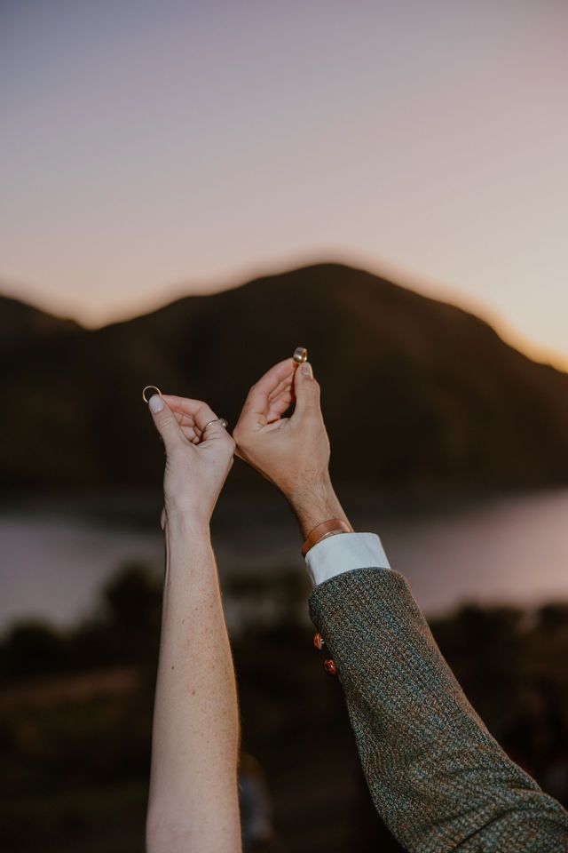 Ethical gold wedding rings Good Gold, sunset elopement in Nelson Tasman. Howdy Pictures are film wedding photographers in New Zealand