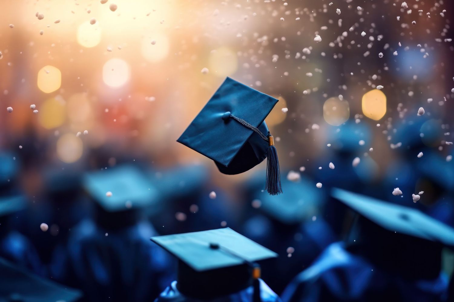 Graduation ceremony backdrop with floating mortarboards and magical lighting effects.