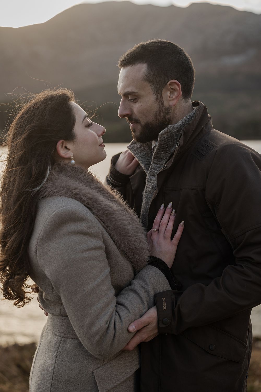 Romantic sunset photos at Lough Inagh Valley during winter proposal