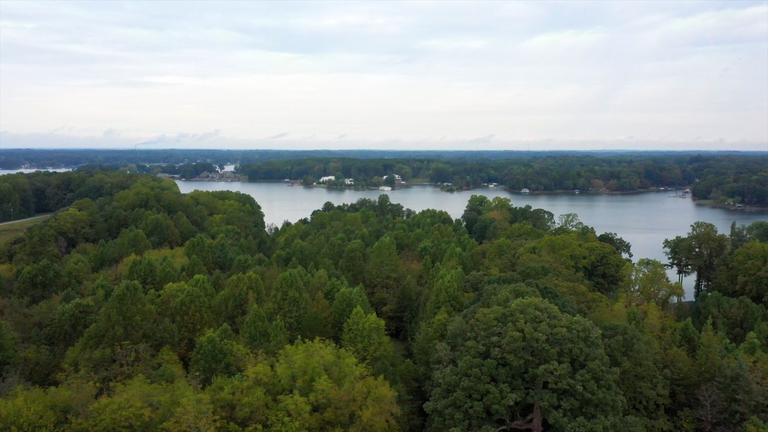 A panoramic view of a lush green coastline with scattered buildings and boats dotting the waterfront landscape.