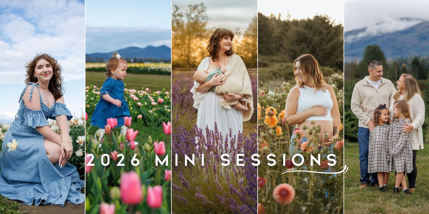 A collage banner of outdoor family portrait photography sessions showing people in natural settings during golden hour.