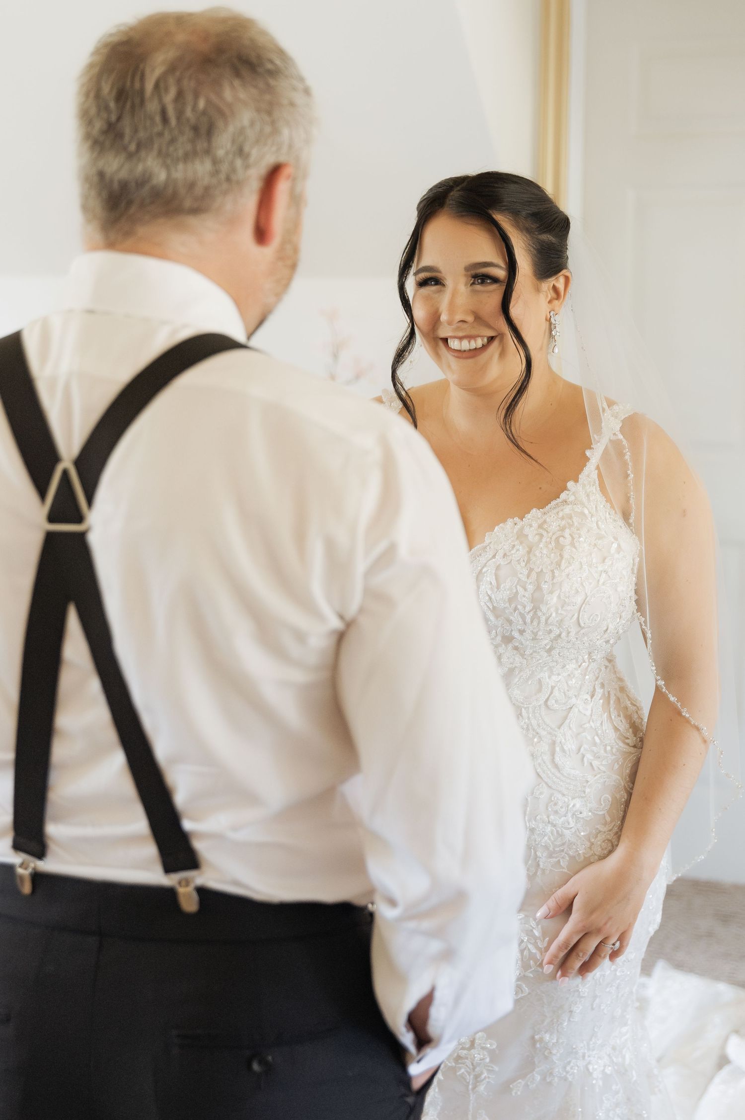 bride and father emotional first look at Whispering Willow in Scoudouc, New Brunswick wedding photography packages, full day photography