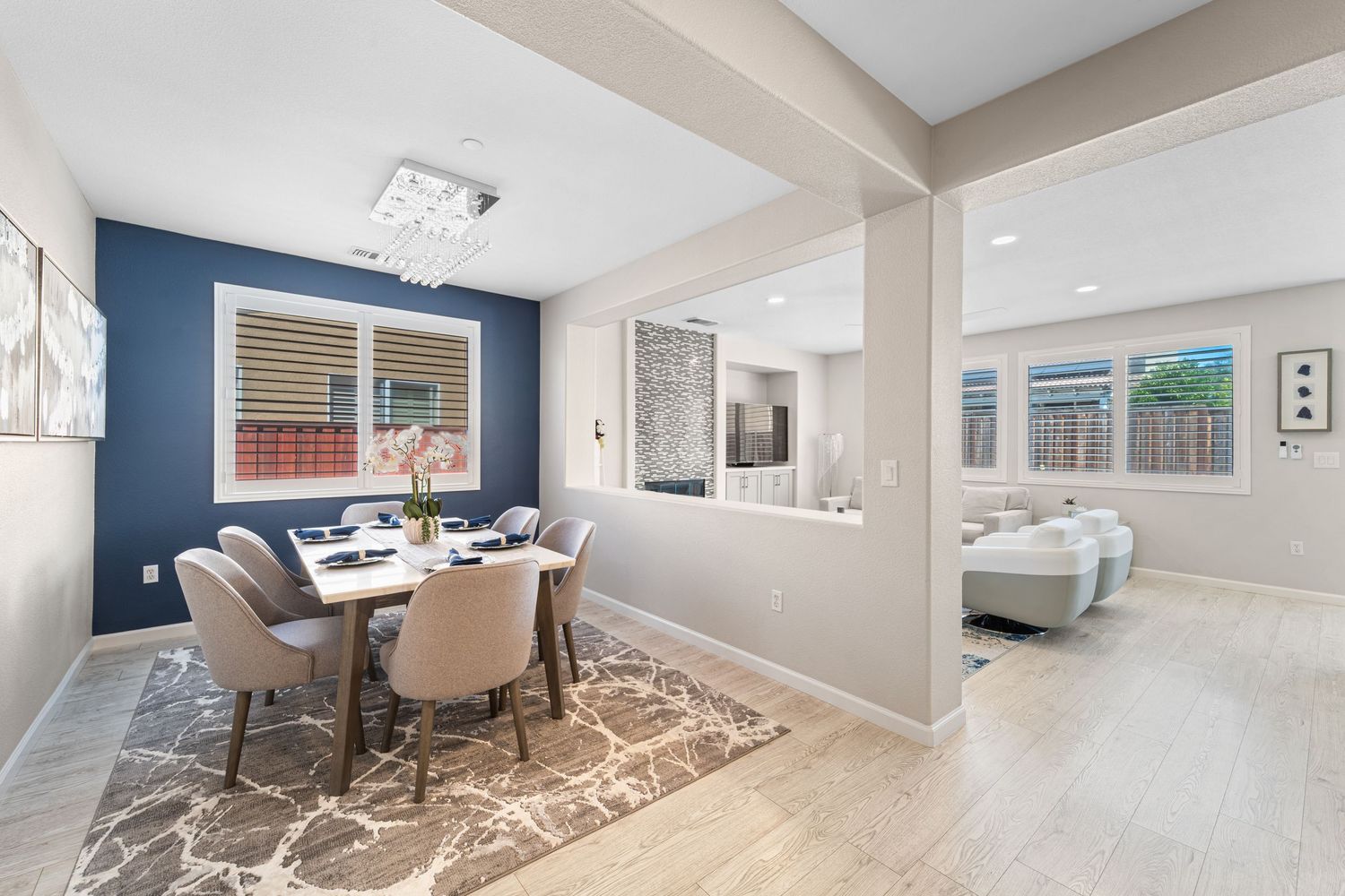 Modern interior collage showing bright living spaces, bedrooms and bathrooms in a contemporary home design.