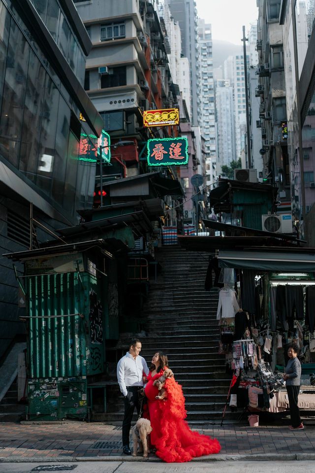 A sequence of photos showing a red dress against urban stairs and buildings in Hong Kong's historic district.