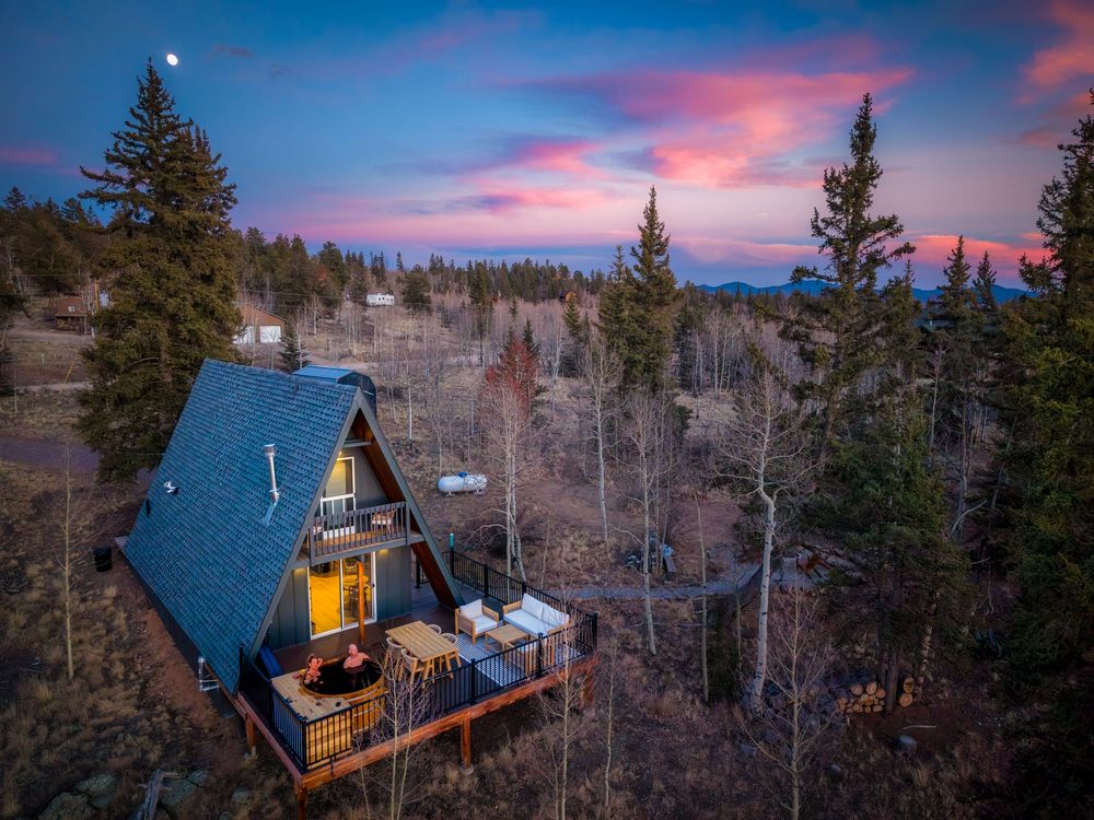 Aerial/drone photo of the AFramed View AirBnb property by Denver Hospitality, Travel & Tourism photographer Captain Colorado Photography.