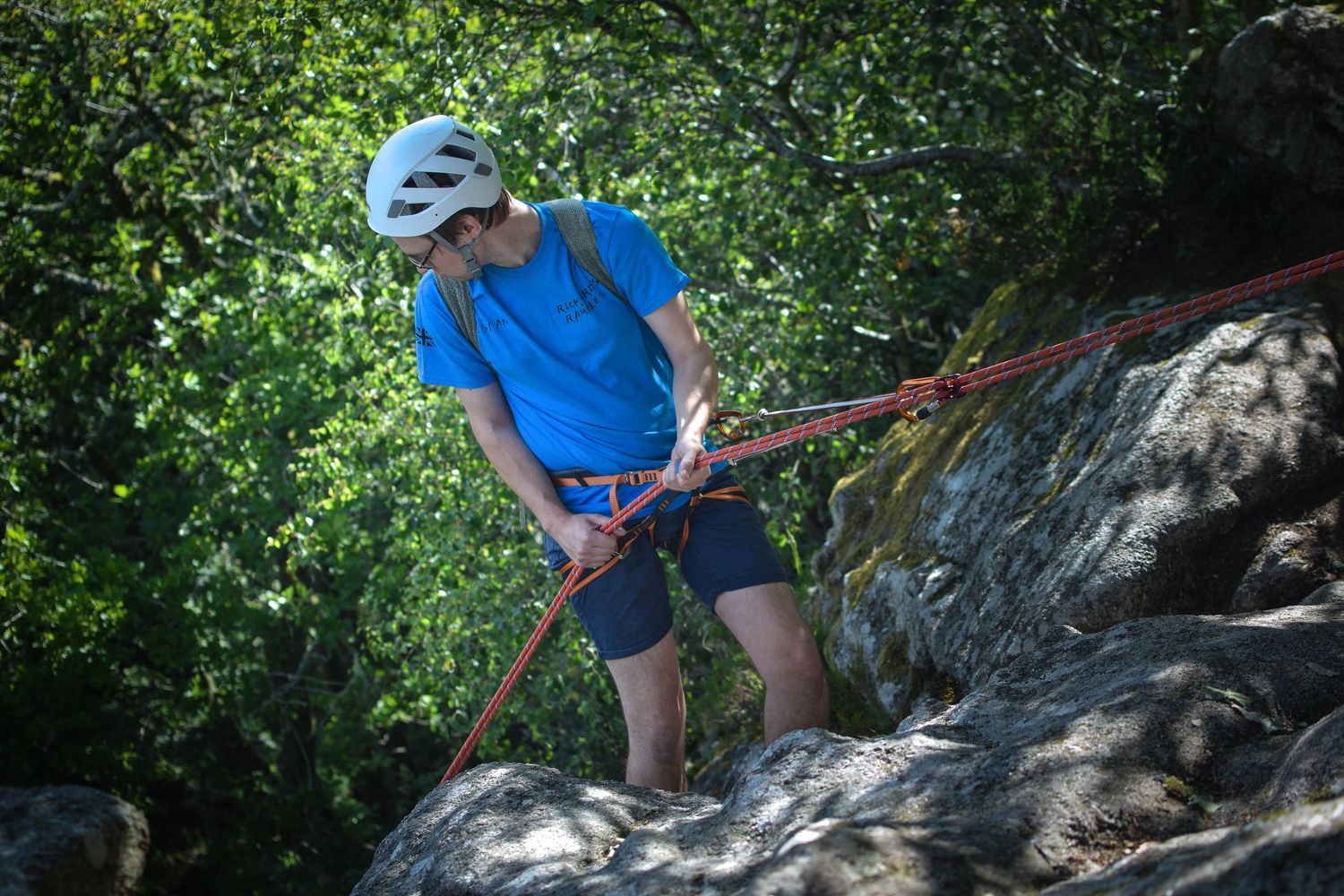 Climbers traversing a rocky outcrop surrounded by lush green foliage on a sunny day.